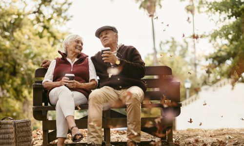 Relaxed,Senior,Couple,On,Picnic,Sitting,On,Park,Bench,Talking